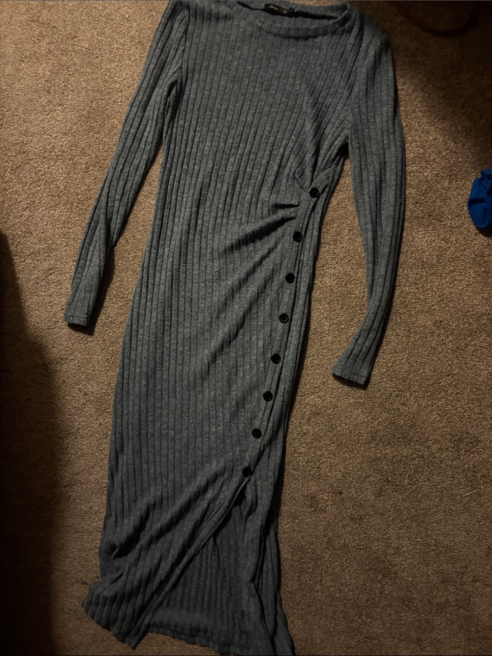 Super soft Ribbed Long Sleeve Maxi Dress with Side Button Detail - light blue